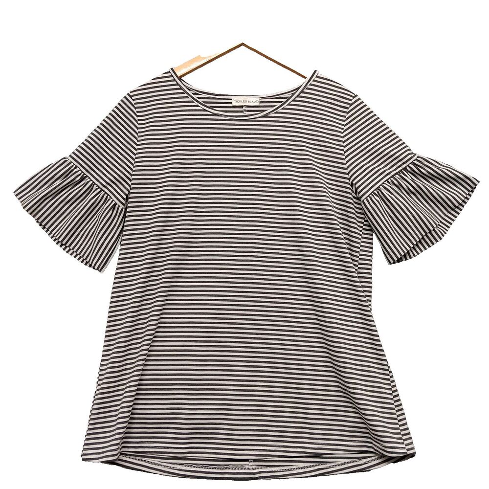 Tickled Teal Woman Sz L Dark Gray White Stripe Short Bell Sleeves Blouse Cottage